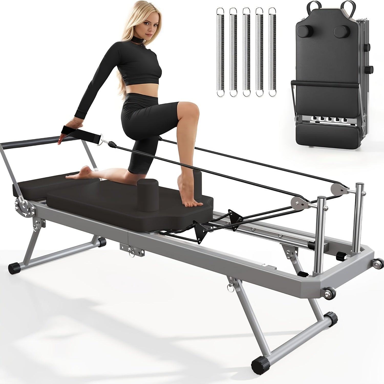 SogesPower Foldable Pilates Reformer Machine – 330 lb Capacity | 11-Level Resistance | Home Gym | Beige, Pink & Black