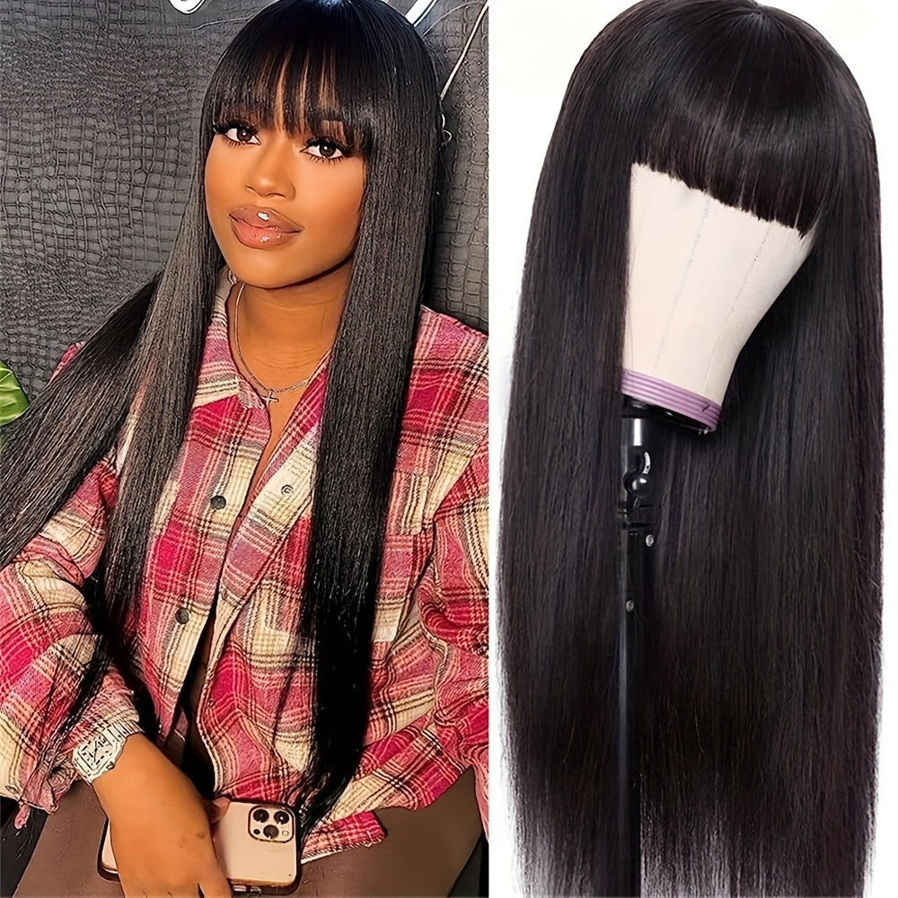 Straight Human Hair Wig with Bangs – 150% Density, Glueless Natural Black