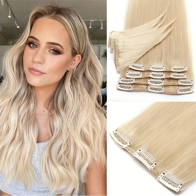 Clip In Hair Extensions Human Hair 8pcs/set Silky Straight Remy Human Hair Highlighted Color Blonde Full Head Hairpiece For Women