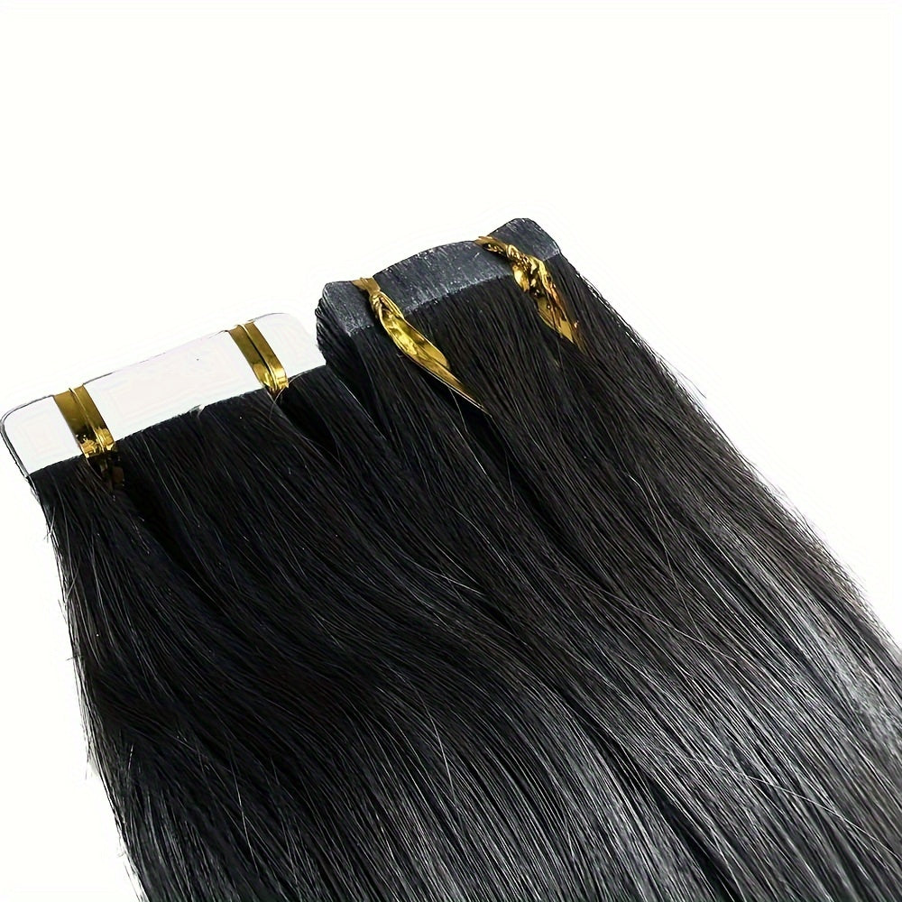 Genuine Human Hair Tape-In Extensions in Natural Black, Available in #1B, with 20pcs Ranging from 16 to 26 Inches