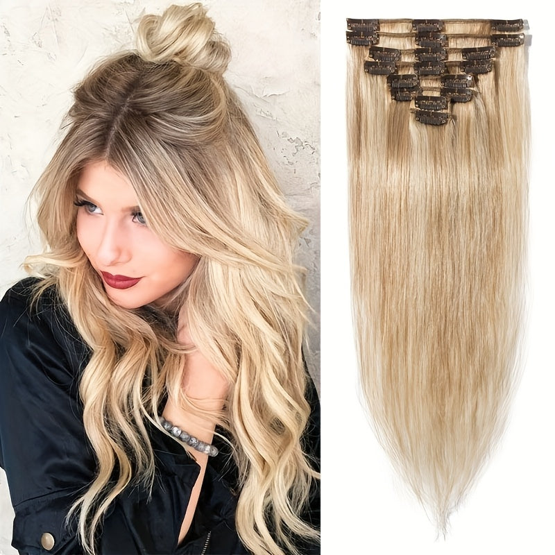 Clip In Hair Extensions Human Hair 8pcs/set Silky Straight Remy Human Hair Highlighted Color Blonde Full Head Hairpiece For Women