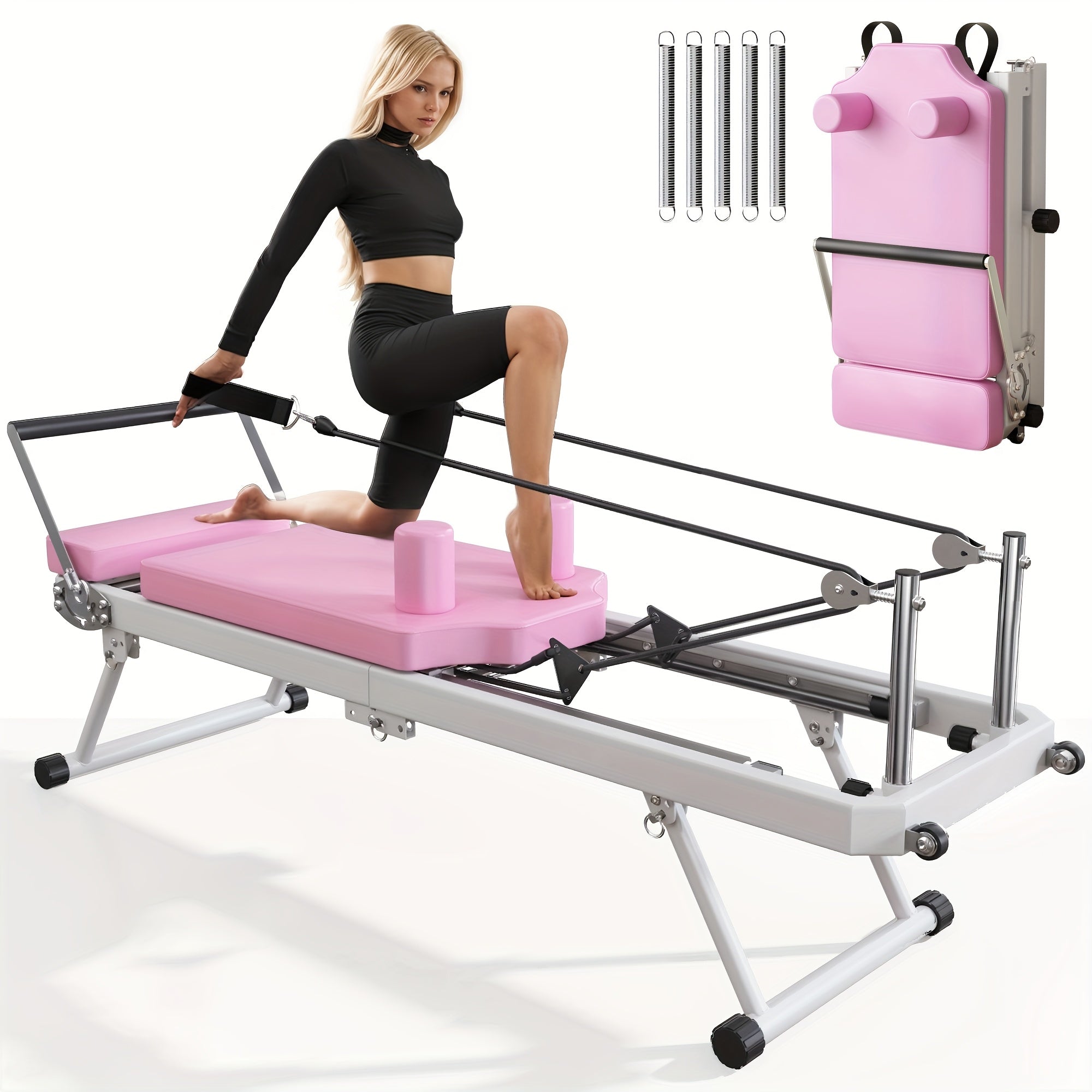 SogesPower Foldable Pilates Reformer Machine – 330 lb Capacity | 11-Level Resistance | Home Gym | Beige, Pink & Black