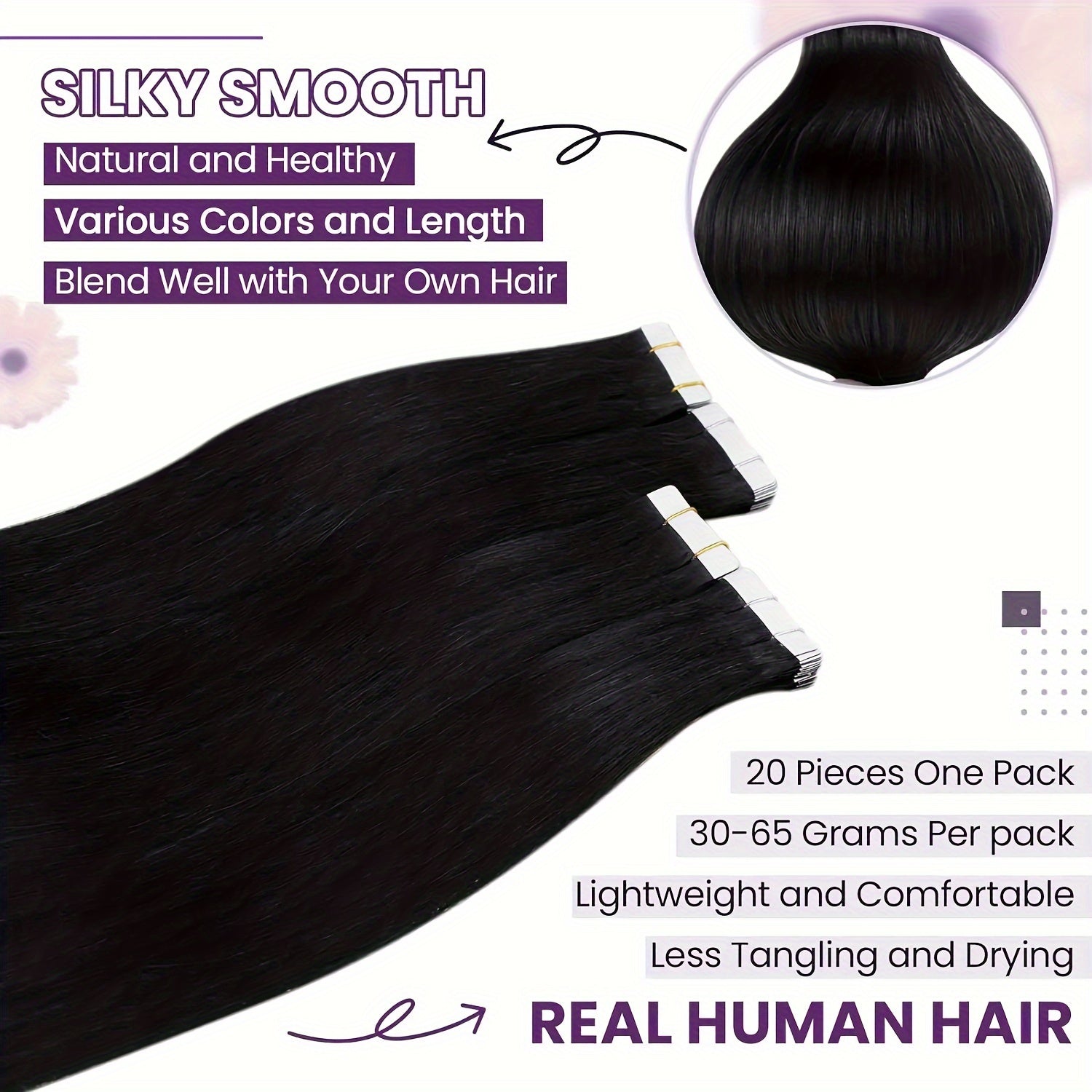Genuine Human Hair Tape-In Extensions in Natural Black, Available in #1B, with 20pcs Ranging from 16 to 26 Inches