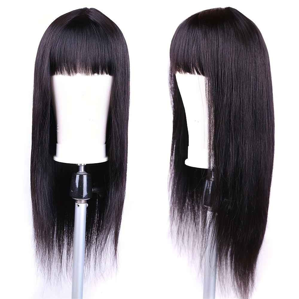 Straight Human Hair Wig with Bangs – 150% Density, Glueless Natural Black