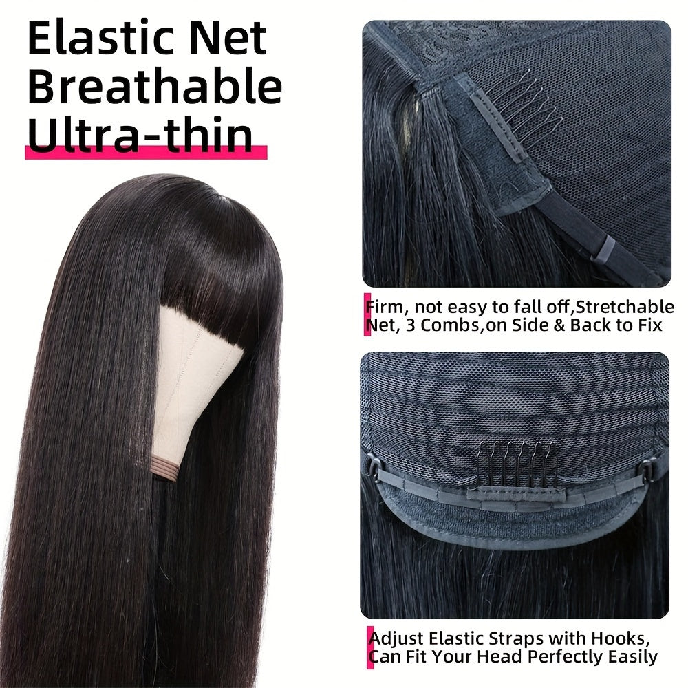 Straight Human Hair Wig with Bangs – 150% Density, Glueless Natural Black