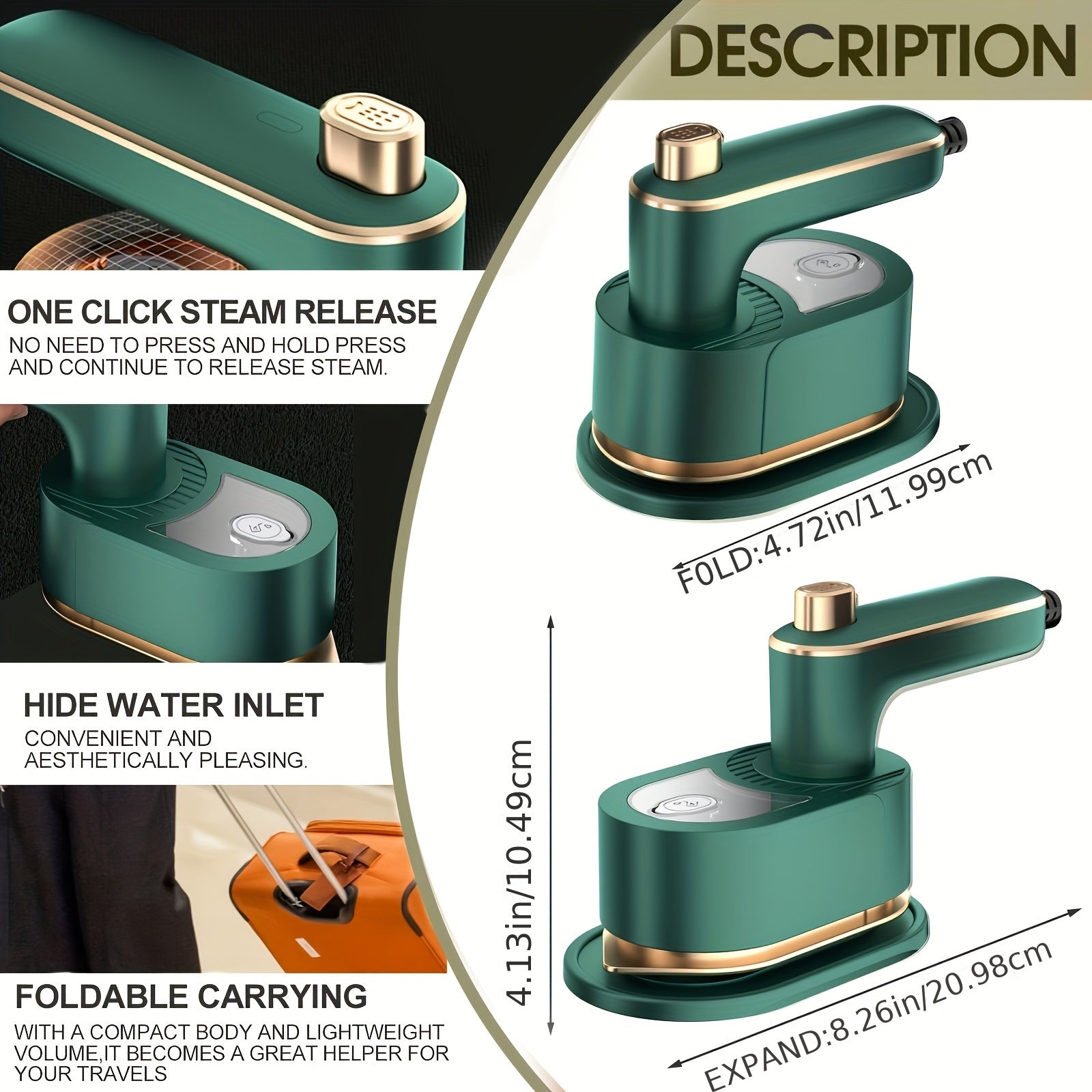 Portable Mini Steam Iron – 40W Fast Heating, 180° Rotating, Handheld Steamer for Travel & Dorm | Green, White