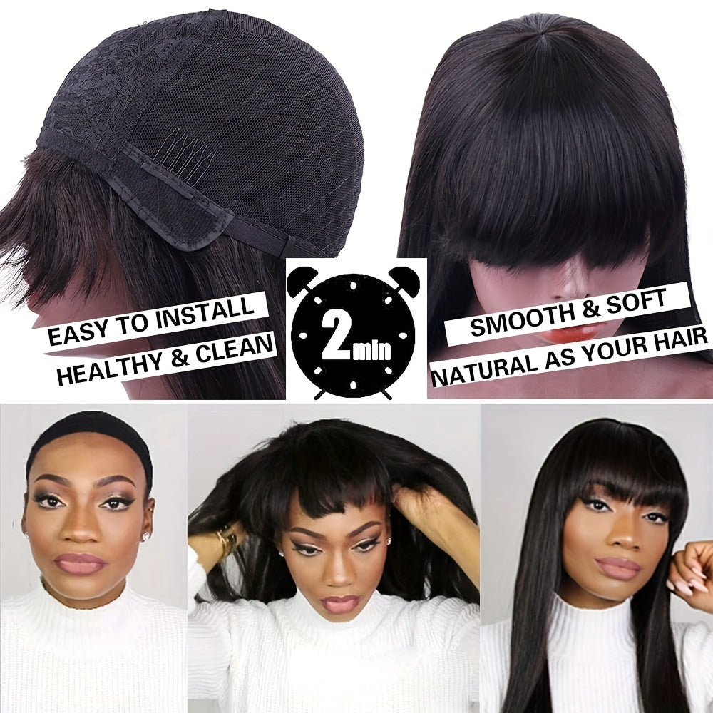 Straight Human Hair Wig with Bangs – 150% Density, Glueless Natural Black