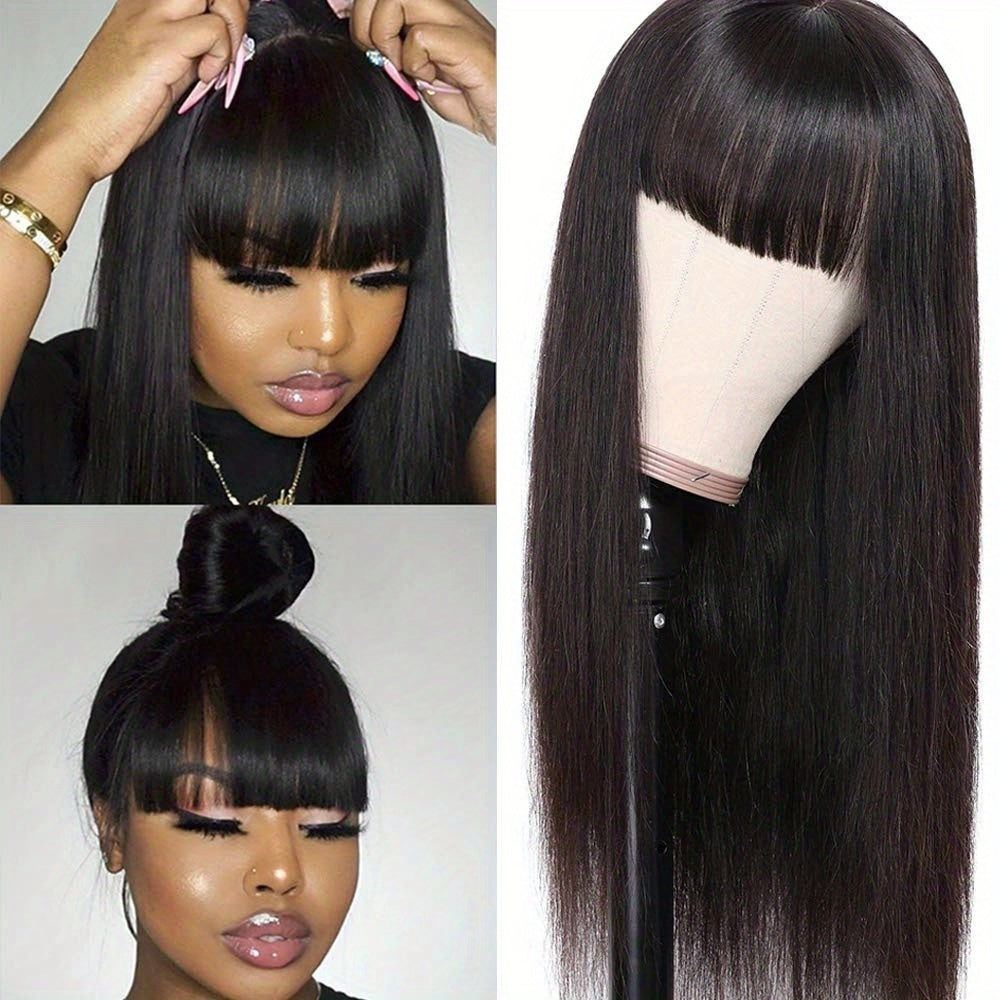 Straight Human Hair Wig with Bangs – 150% Density, Glueless Natural Black