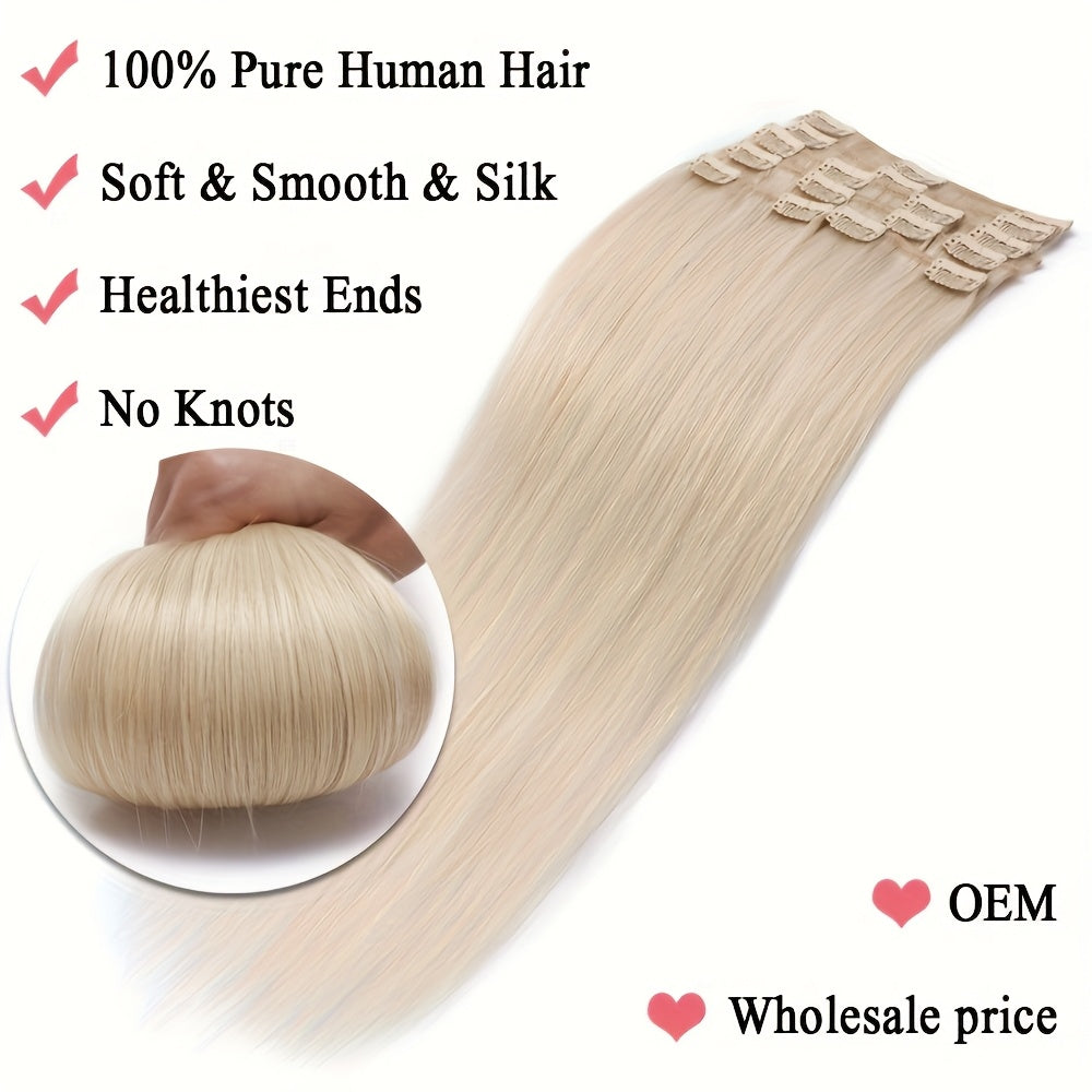 Clip In Hair Extensions Human Hair 8pcs/set Silky Straight Remy Human Hair Highlighted Color Blonde Full Head Hairpiece For Women