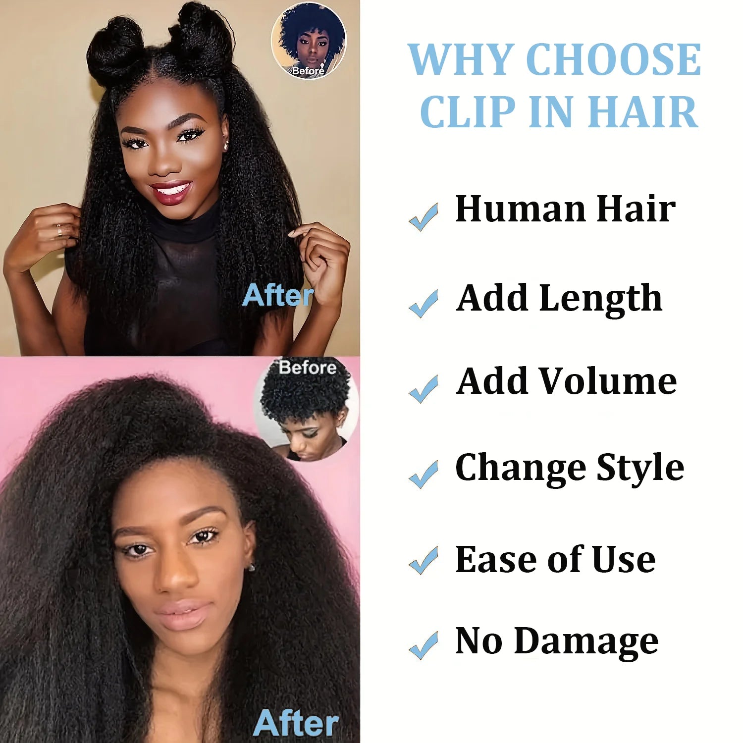 Brazilian Remy Kinky Straight Clip-In Hair Extensions – 100% Human Hair | Natural Color | 120g & 240g | 14"-26"