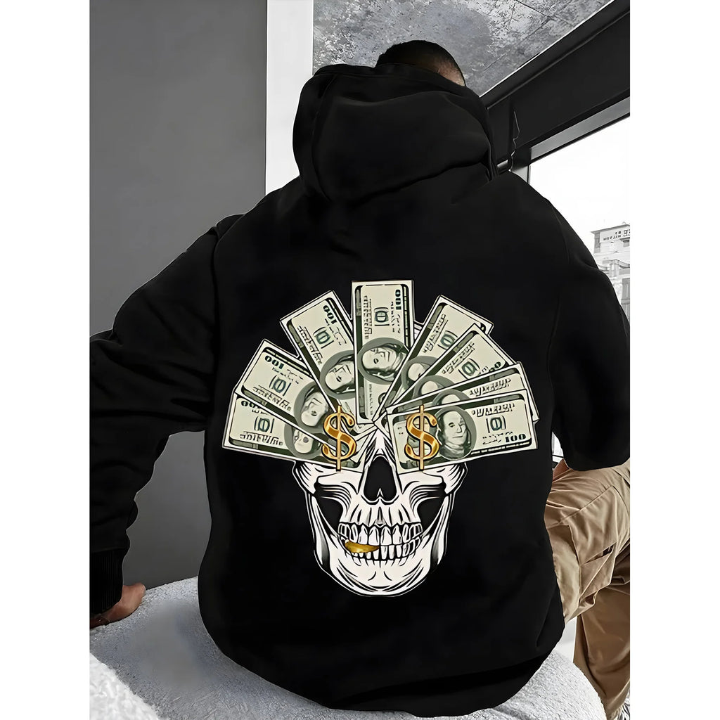 Men's Black Graphic Skull Pullover Hoodie – Fall & Winter Streetwear, Sizes S-3XL