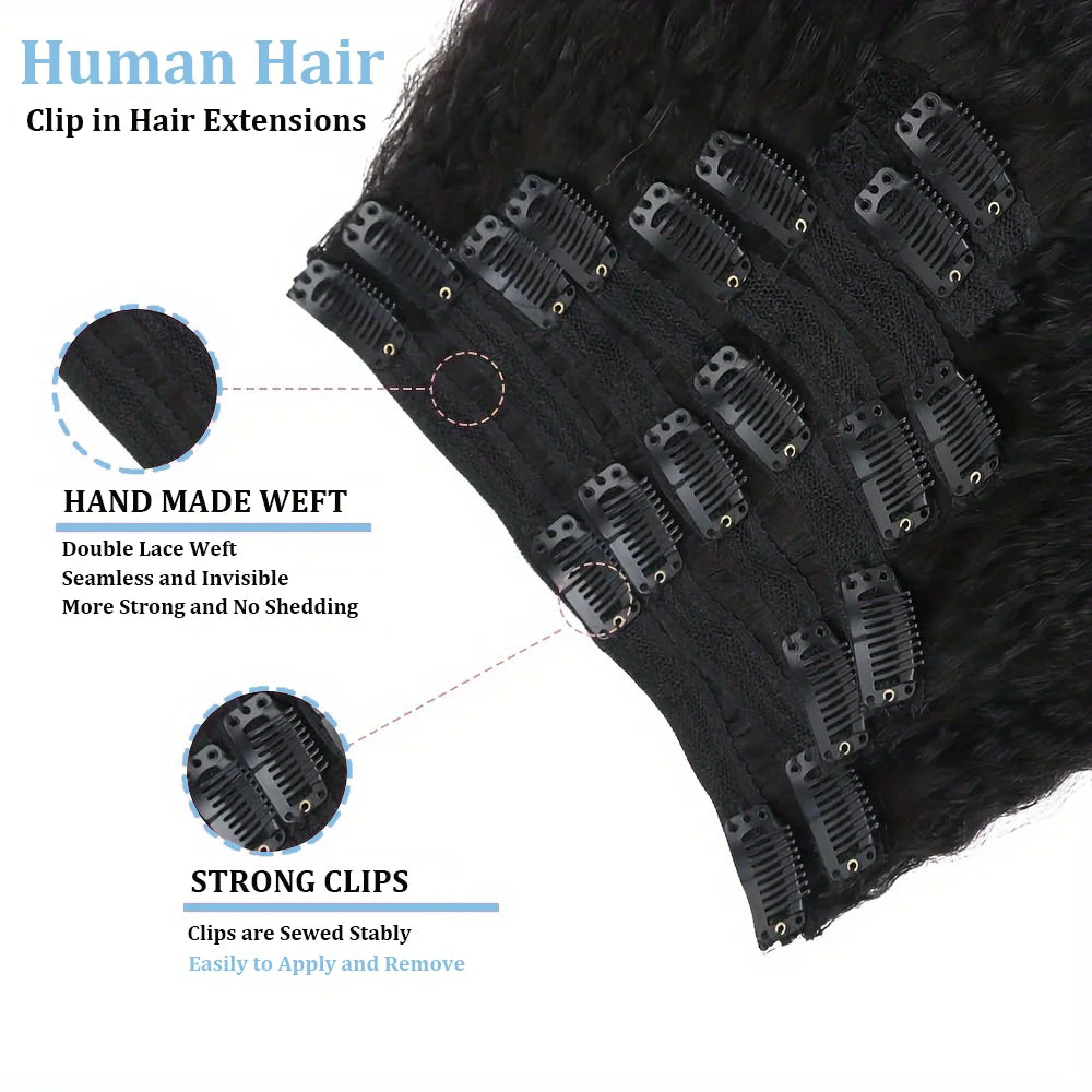 Brazilian Remy Kinky Straight Clip-In Hair Extensions – 100% Human Hair | Natural Color | 120g & 240g | 14"-26"
