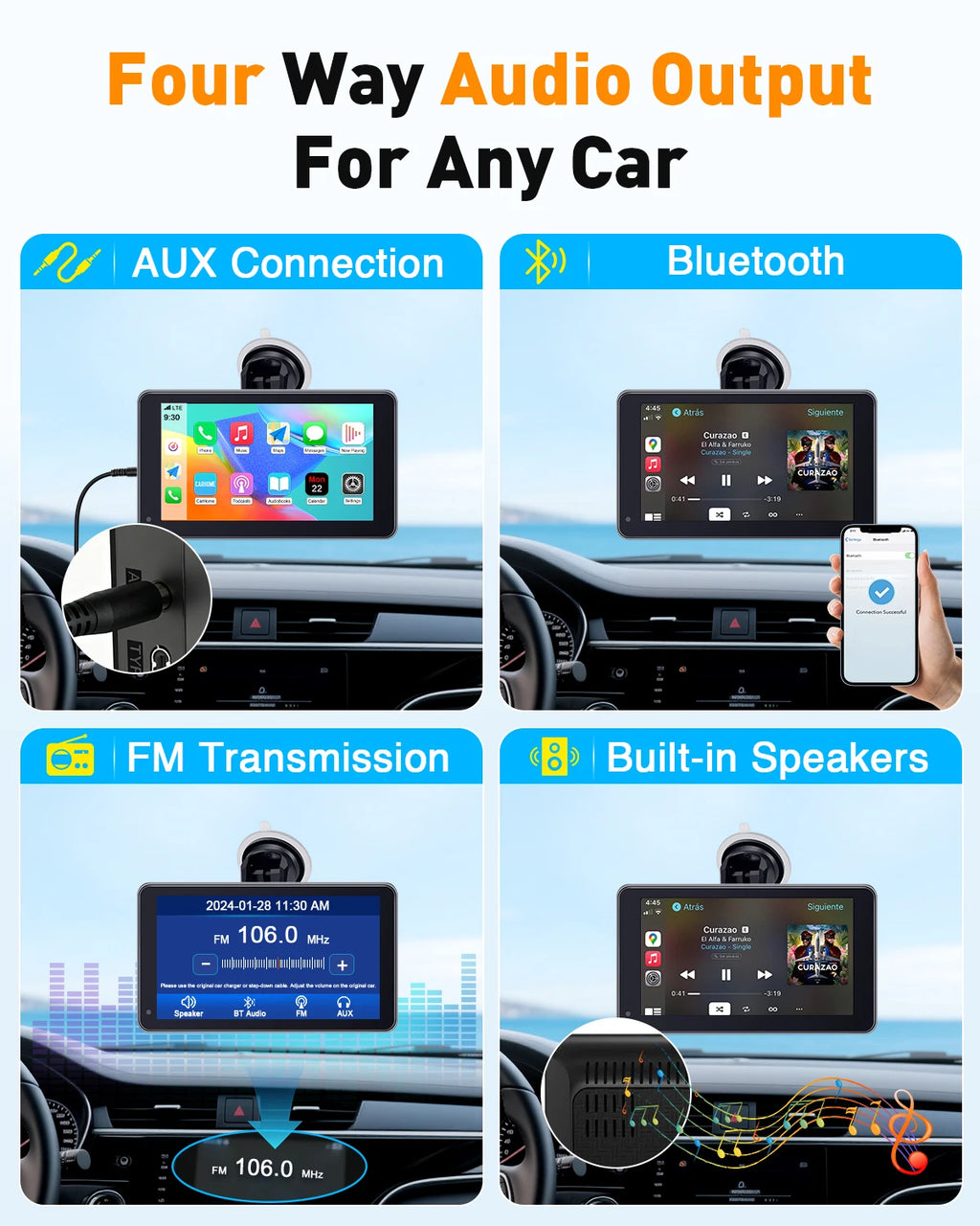 7" Wireless CarPlay & Android Auto Portable Car Display – GPS, AirPlay, FM/AUX, Voice Control | Universal Fit
