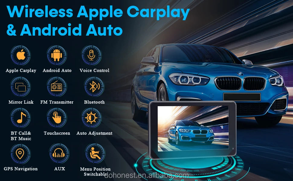 7" Wireless CarPlay & Android Auto Portable Car Display – GPS, AirPlay, FM/AUX, Voice Control | Universal Fit