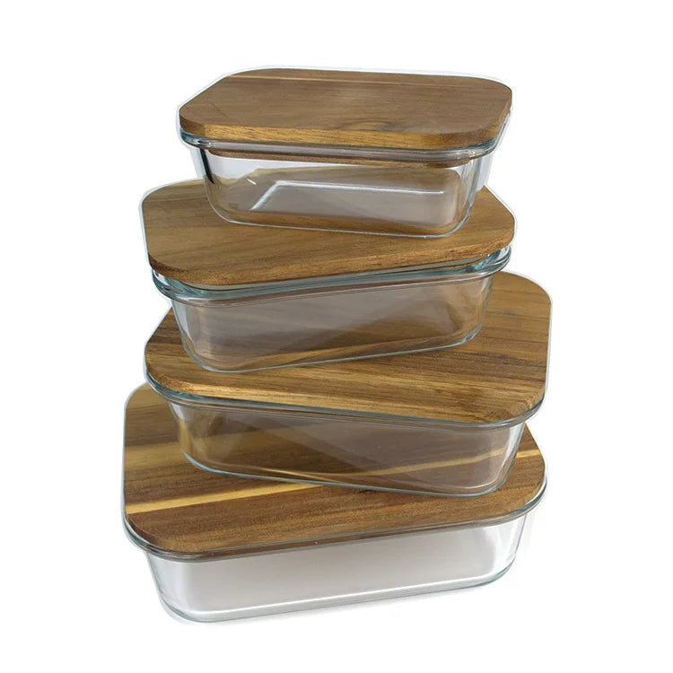 4-Piece Glass Food Storage Container Set with Wooden Lids – BPA-Free