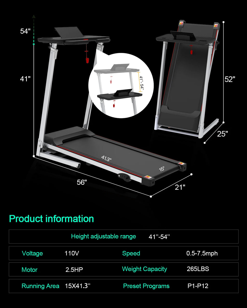 Kreeda Factory Foldable Electric Treadmill | 2.5HP | 265 LBS | 3-Level Incline | 12 Programs | LED Display | Pink & Black