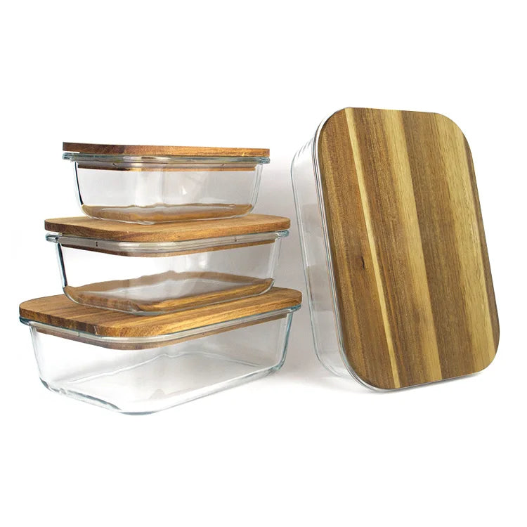 4-Piece Glass Food Storage Container Set with Wooden Lids – BPA-Free