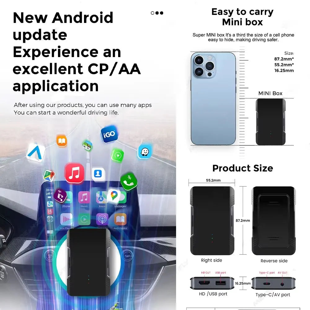Wireless CarPlay & Android Auto AI Box Adapter – Plug & Play, Universal Fit, Bluetooth 5.0 | Wooboobox GT2