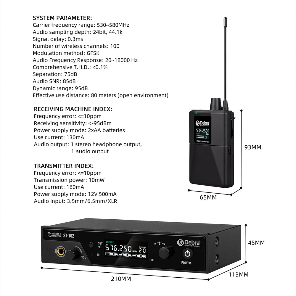 Debra Audio ST-102 4-Channel UHF Wireless In-Ear Monitor System – 300m Range for Stage & Recording