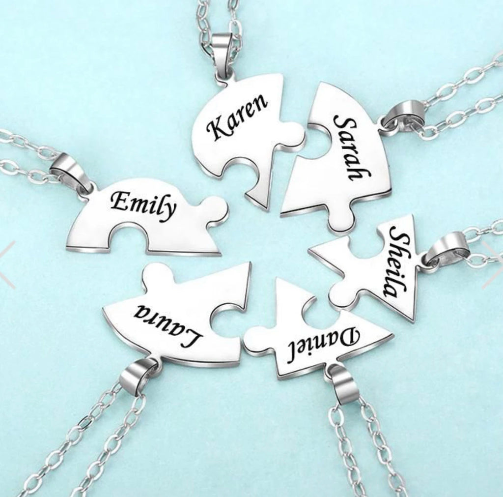 Custom Name Puzzled Heart Pendant Necklace – Engraved | 2–10 Names | Steel, Gold & Rose Gold