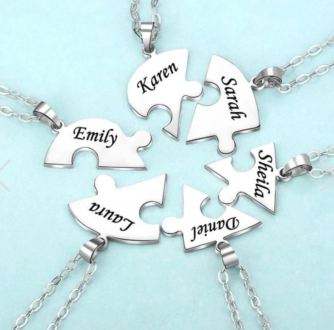 Custom Name Puzzled Heart Pendant Necklace – Engraved | 2–10 Names | Steel, Gold & Rose Gold