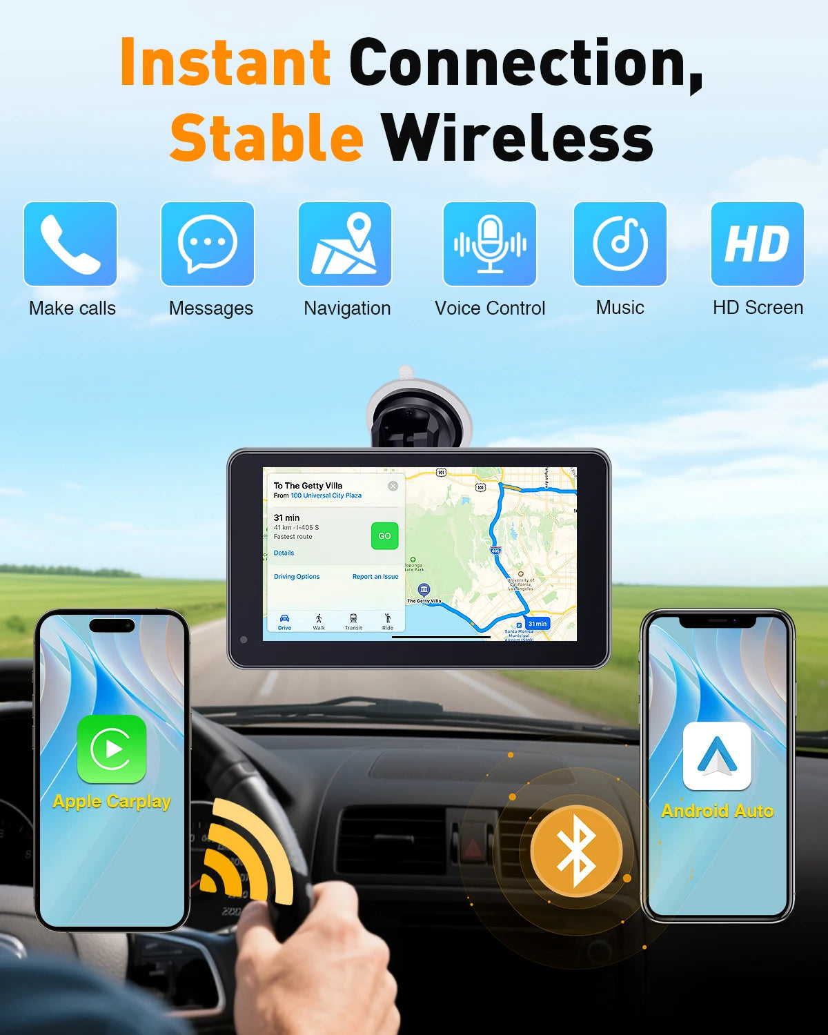 7" Wireless CarPlay & Android Auto Portable Car Display – GPS, AirPlay, FM/AUX, Voice Control | Universal Fit