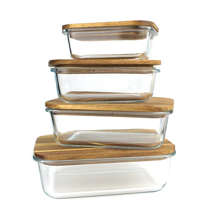 4-Piece Glass Food Storage Container Set with Wooden Lids – BPA-Free