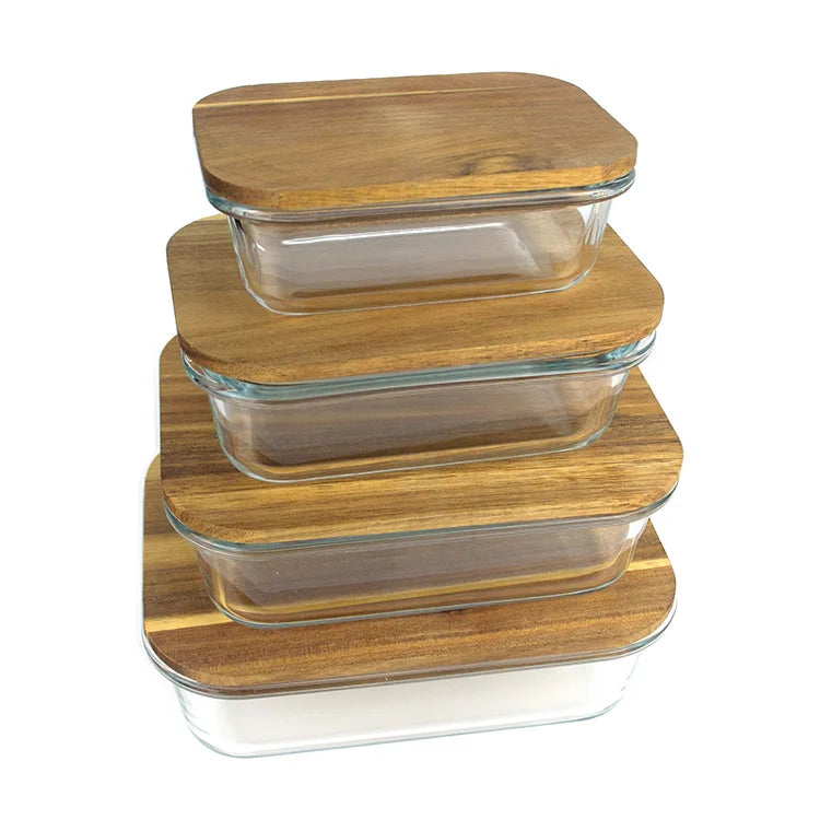 4-Piece Glass Food Storage Container Set with Wooden Lids – BPA-Free