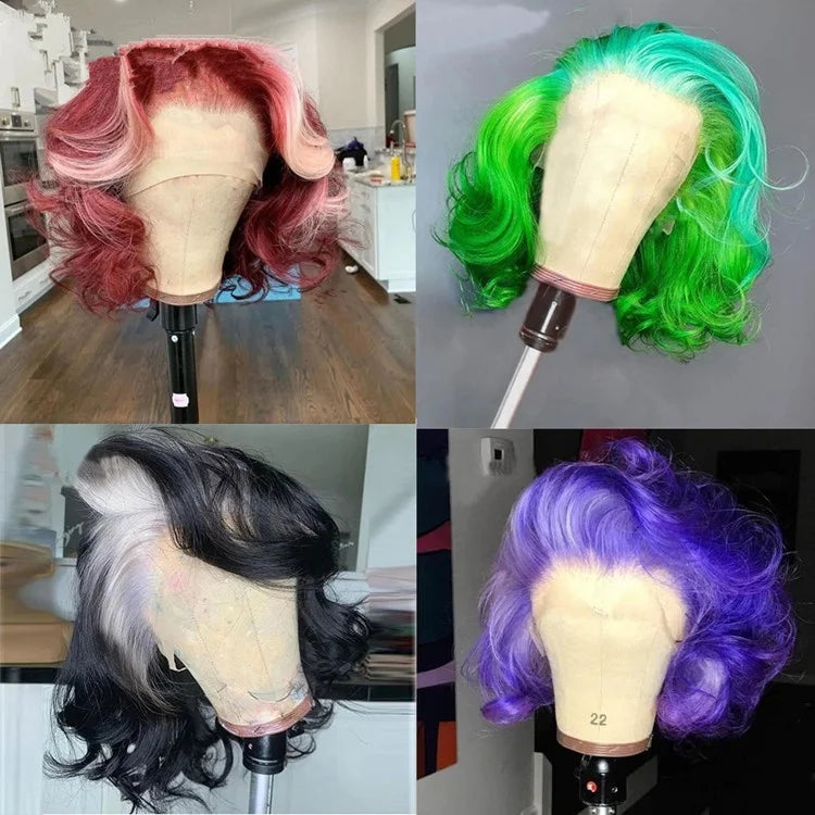 Split Hair Color Human Hair Wigs Half pink Half Blonde Half Black Lace Frontal Human Hair Wigs Two Tone Colors Lce Front Wigs