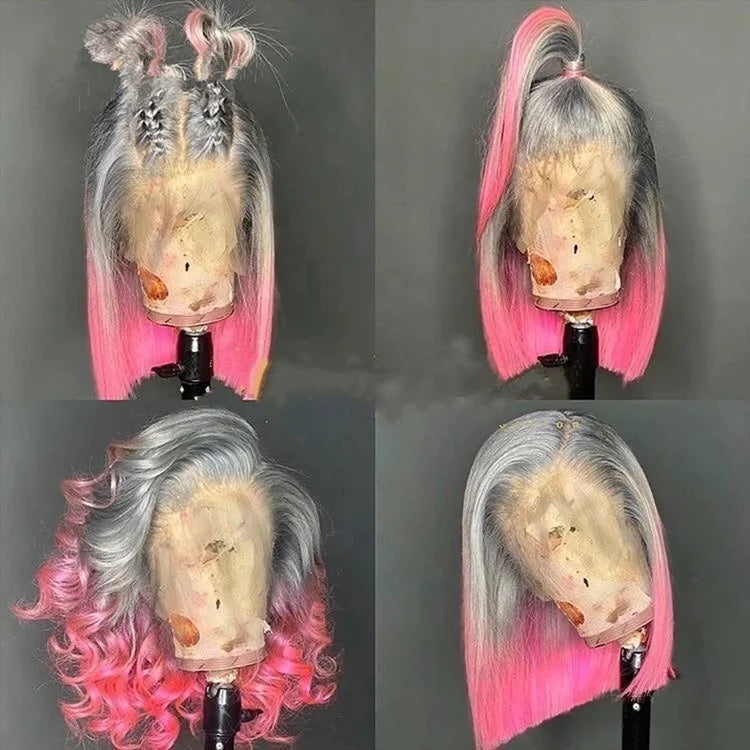 Split Hair Color Human Hair Wigs Half pink Half Blonde Half Black Lace Frontal Human Hair Wigs Two Tone Colors Lce Front Wigs