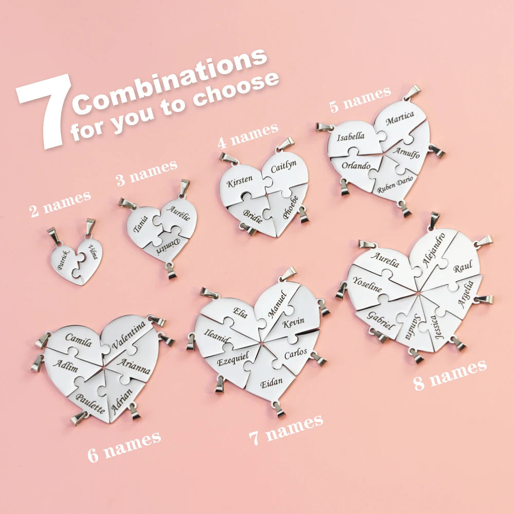 Custom Name Puzzled Heart Pendant Necklace – Engraved | 2–10 Names | Steel, Gold & Rose Gold