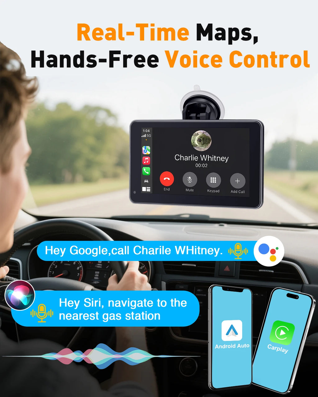 7" Wireless CarPlay & Android Auto Portable Car Display – GPS, AirPlay, FM/AUX, Voice Control | Universal Fit