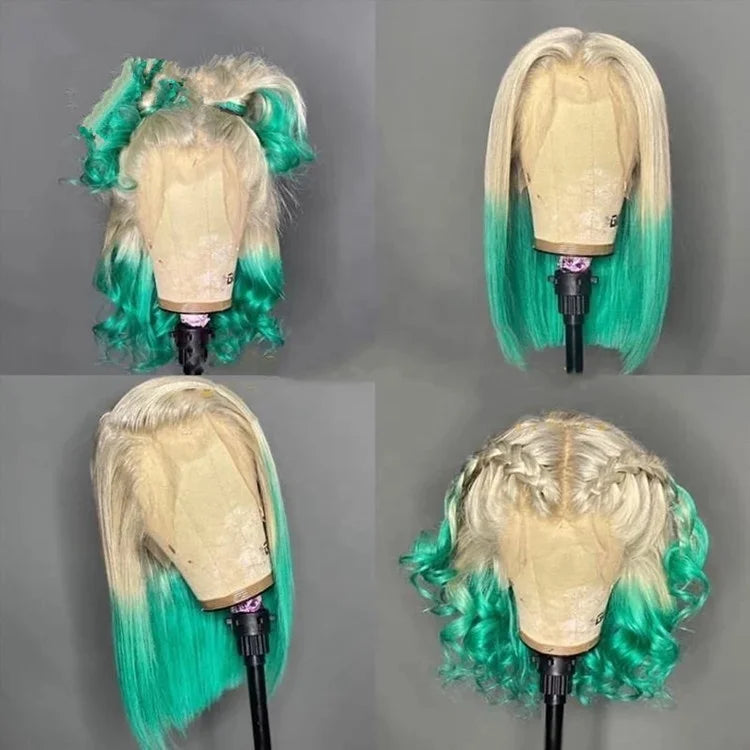 Split Hair Color Human Hair Wigs Half pink Half Blonde Half Black Lace Frontal Human Hair Wigs Two Tone Colors Lce Front Wigs