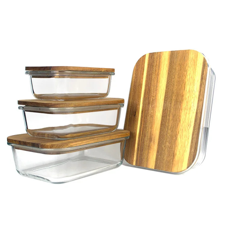 4-Piece Glass Food Storage Container Set with Wooden Lids – BPA-Free