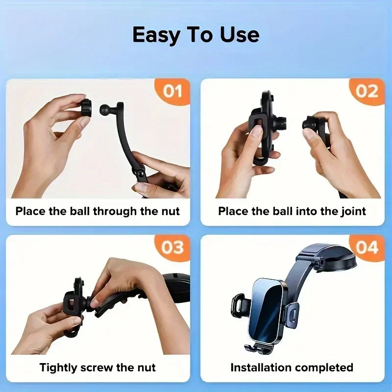 Adjustable Car Phone Mount – 360° Swivel Dashboard Cradle, Strong Suction, Anti-Shake Design