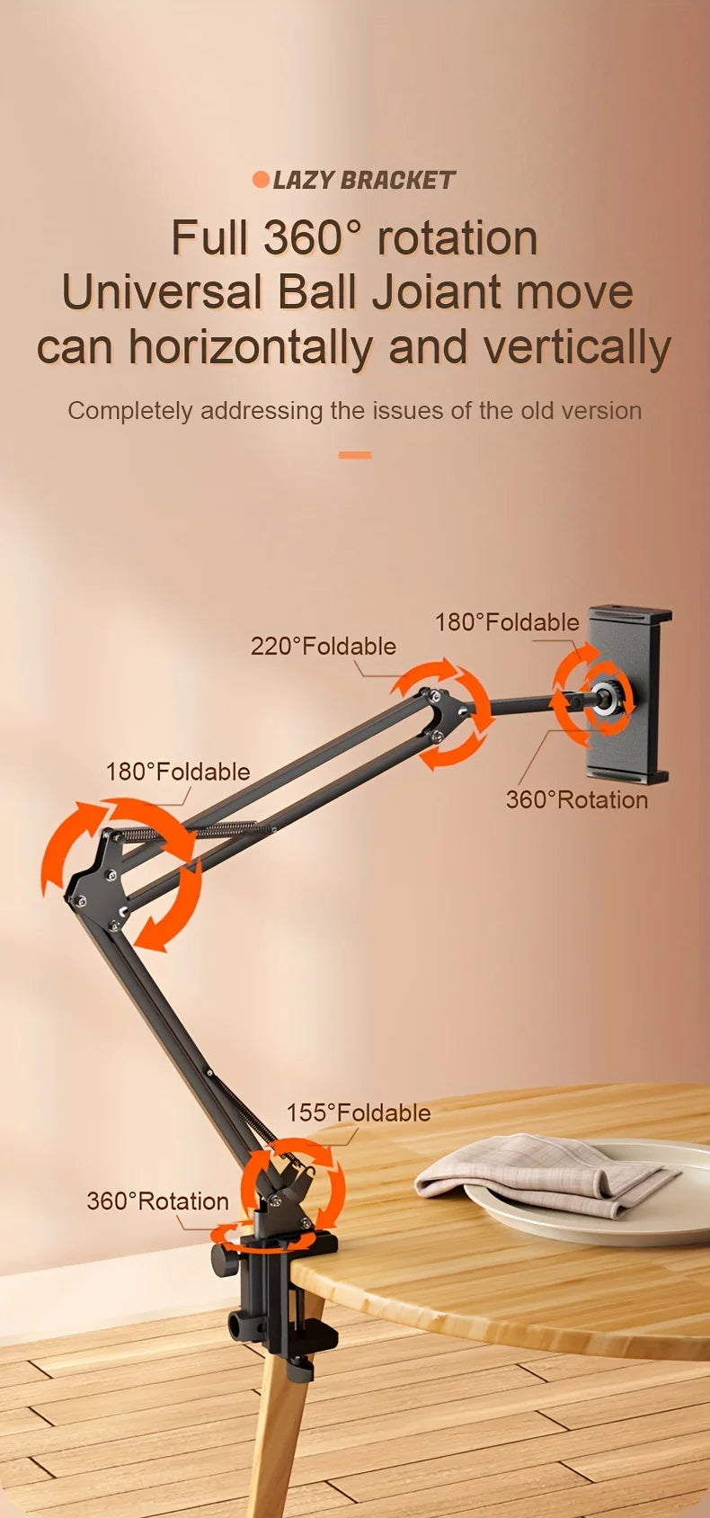 Adjustable Long-Arm Tablet Holder for Bed & Desk – 4.7–13 Inch