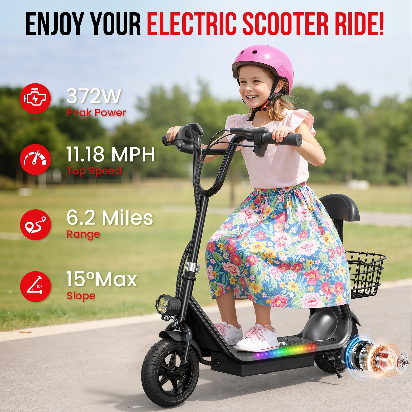 Spacewalk Kids Folding Electric Scooter with Seat & Basket