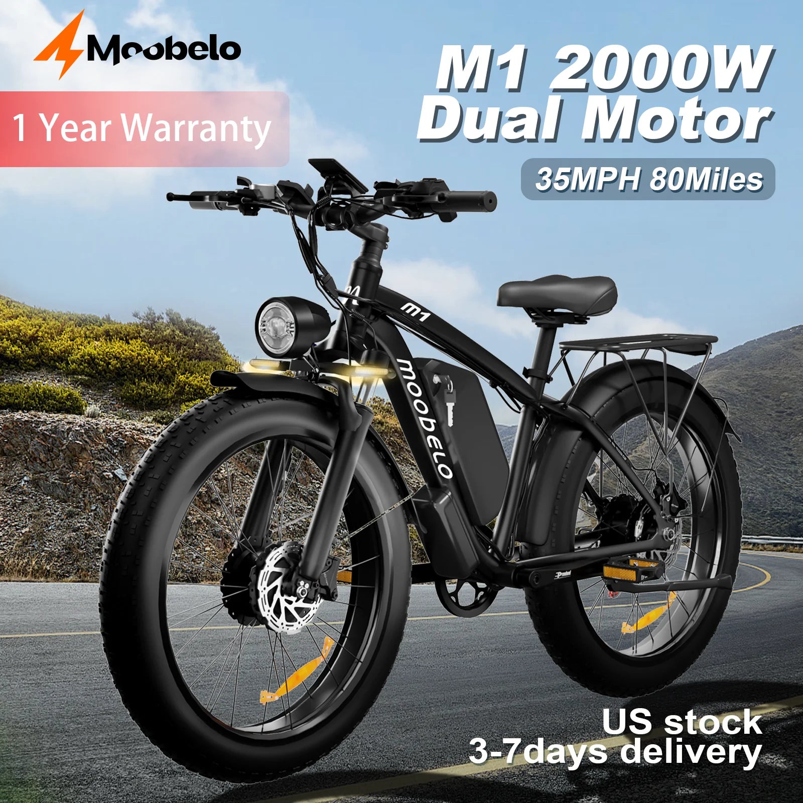 EOEOTWO 26" Fat Tire Electric Bike for Adults, 1000W Motor 1500W Peak, 48V 15Ah Battery, 34 MPH Max Speed, Up to 60 Miles Long Range