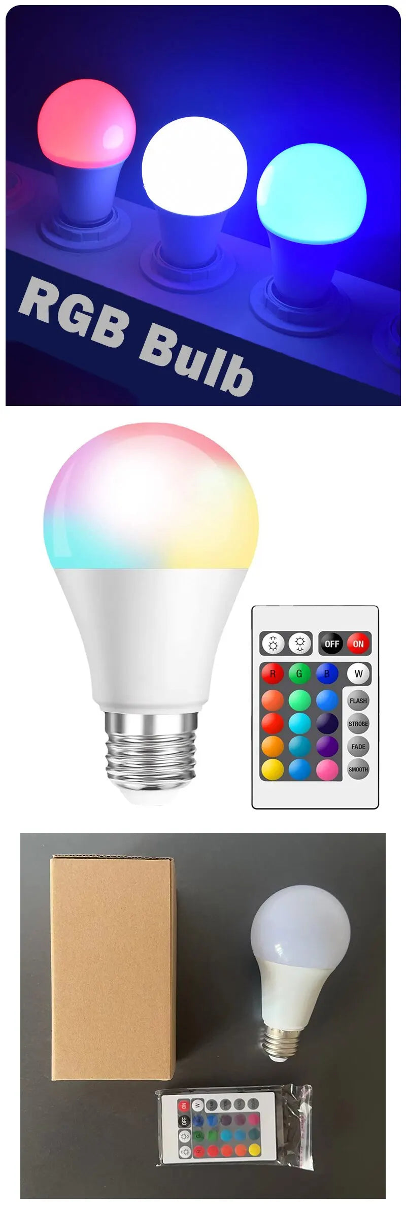 16-Color RGB LED Smart Bulb – E27, 8W Dimmable, 24-Key Remote Control | 1-10 Pack