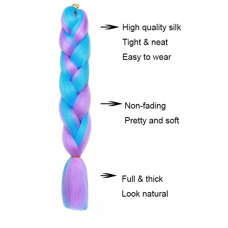 24" Synthetic Braiding Hair Extensions – Ombre Rainbow Colors, Jumbo DIY Hair for Women
