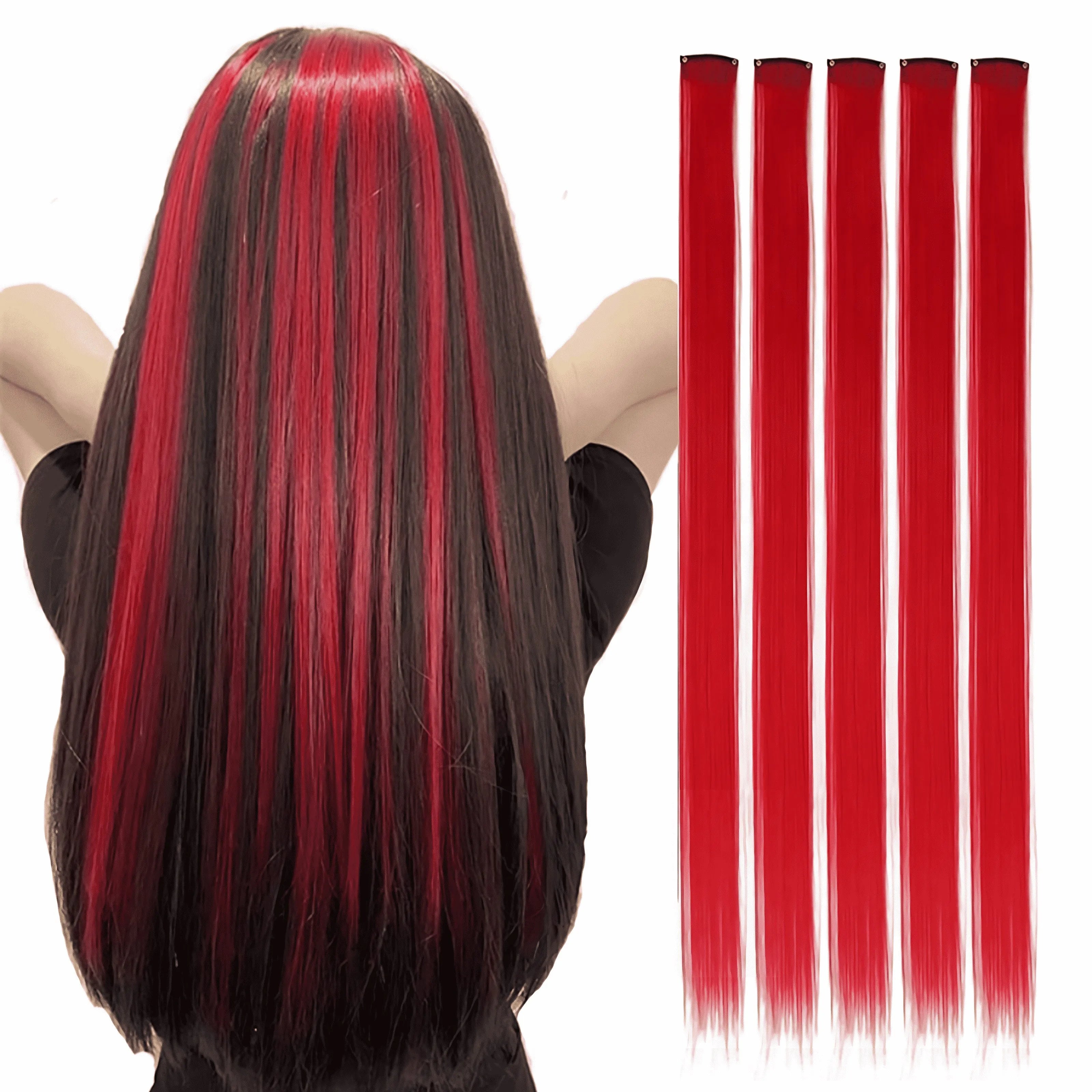 EZ&AS Synthetic Clip-In Hair Extensions | 5pcs/Set | 20 Inches Straight | Green, Red, Burgundy, Purple & White | Cosplay & Party