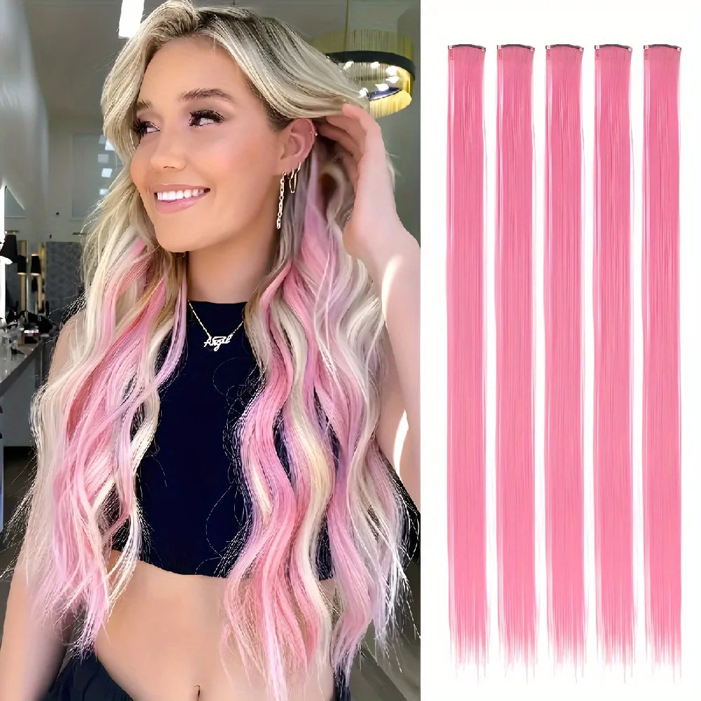 EZ&AS Synthetic Clip-In Hair Extensions | 5pcs/Set | 20 Inches Straight | Green, Red, Burgundy, Purple & White | Cosplay & Party
