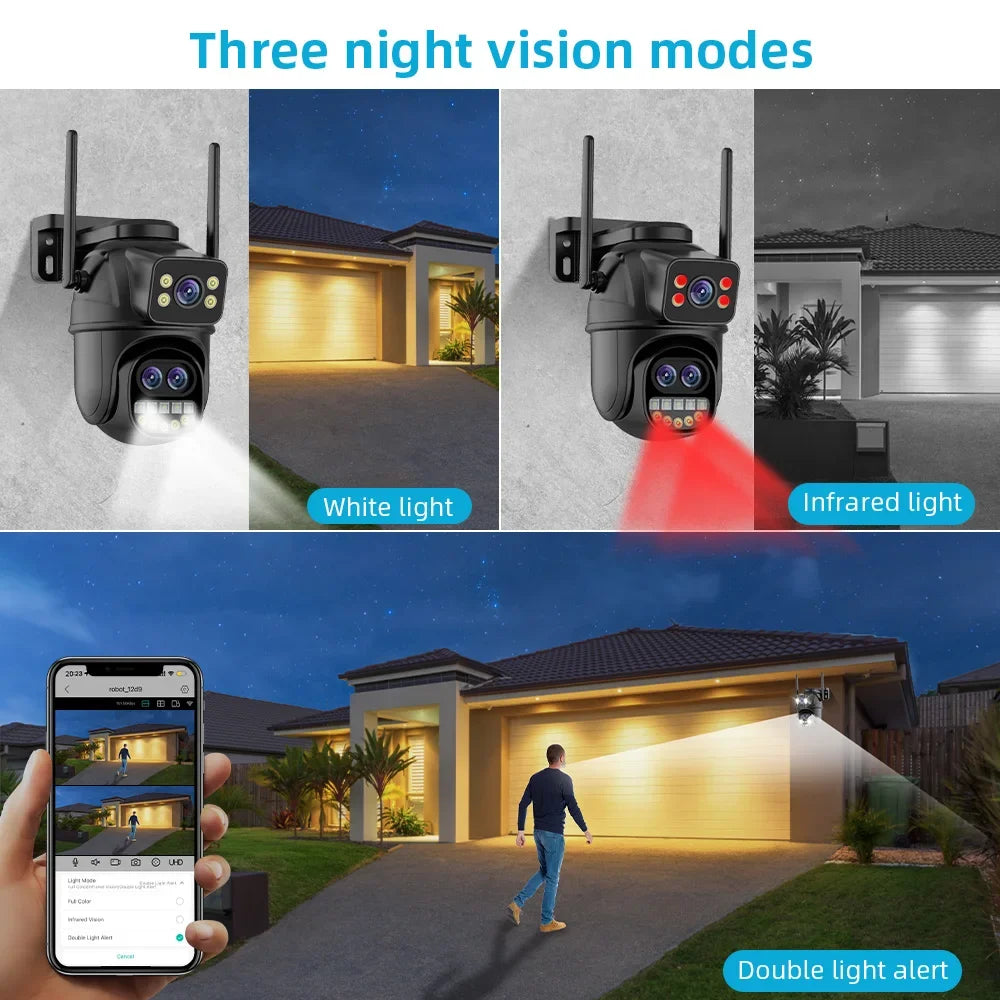 HONTUSEC 3-Lens PTZ WiFi Security Camera | 12MP | 8x Zoom | AI Auto-Tracking | Color Night Vision | IP66 | iCSee