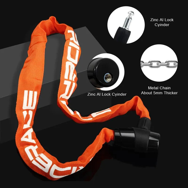 RIDERACE Bicycle Chain Lock – Anti-Theft | 95cm | Zinc Alloy | 2 Keys | Orange & Black