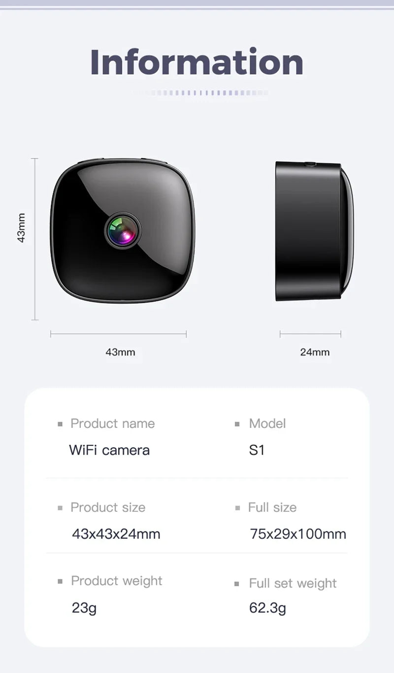 S1 Mini 1080P WiFi Security Camera | 360° Rotatable | Night Vision | Motion Detection | Battery & Plug-in | Black