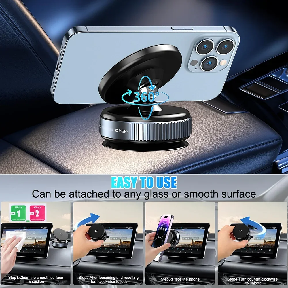Vacuum Magnetic Car Phone Mount – 360° Rotation | Dual-Axis | Multi-Surface | Universal Smartphone Fit | Beige & Gray