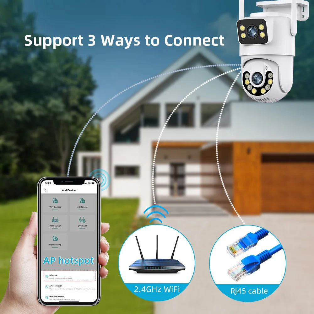 Dual Lens WiFi PTZ Security Camera – 4MP & 8MP | AI Auto-Tracking | IP66 | Color Night Vision | Indoor & Outdoor