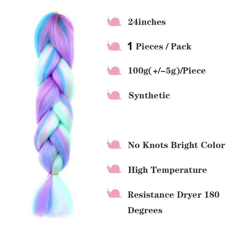 24" Synthetic Braiding Hair Extensions – Ombre Rainbow Colors, Jumbo DIY Hair for Women