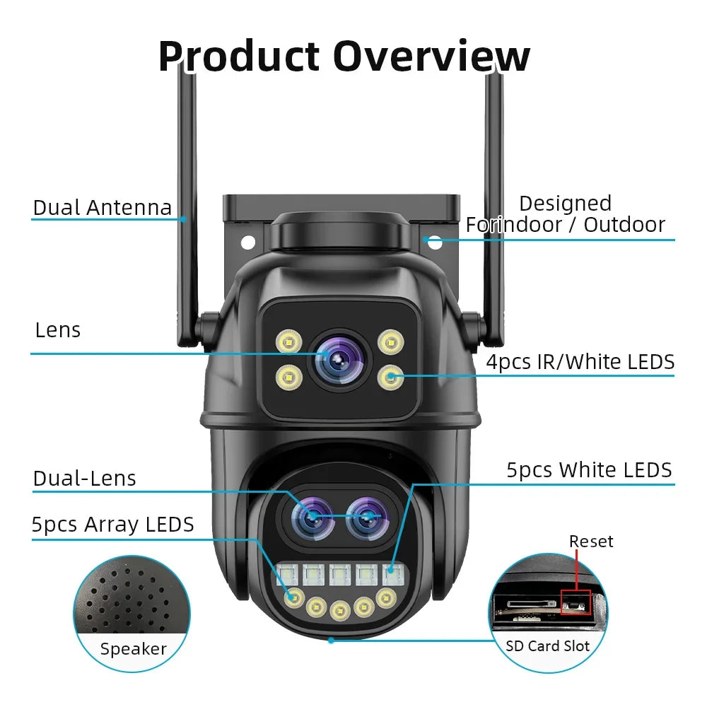HONTUSEC 3-Lens PTZ WiFi Security Camera | 12MP | 8x Zoom | AI Auto-Tracking | Color Night Vision | IP66 | iCSee