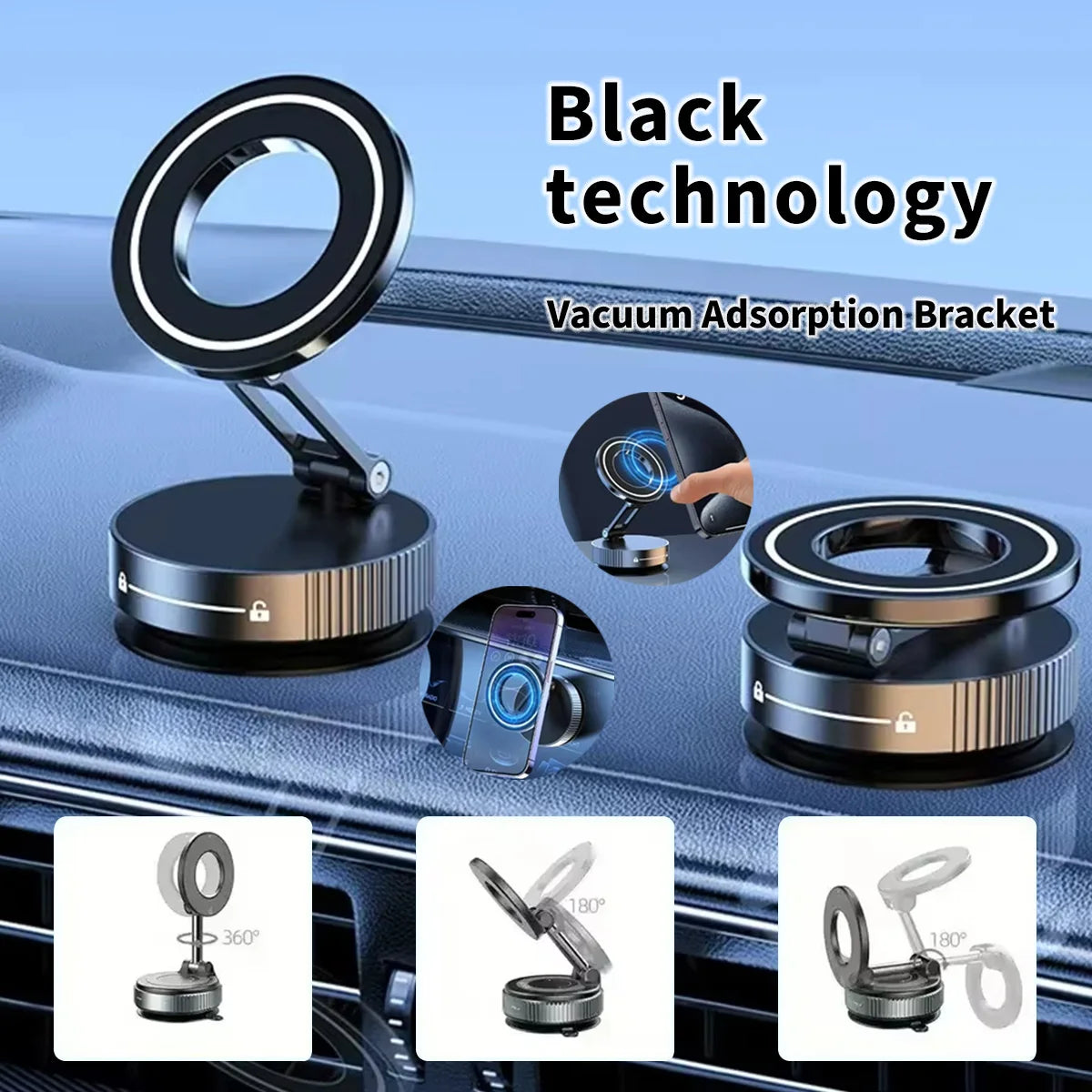 Strong Magnetic Foldable Car Phone Mount – 360° Rotation | Windshield & Multi-Surface | Universal Fit | Black, Silver & White